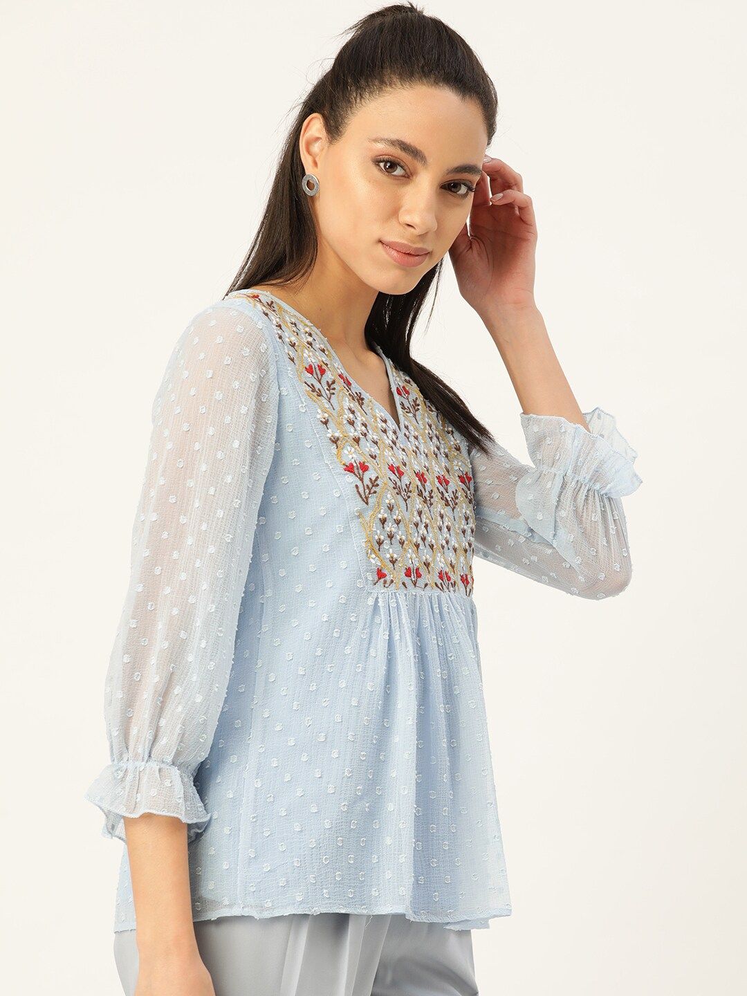 Antheaa Blue Yoke Embroidered Dobby Weave A-Line Top