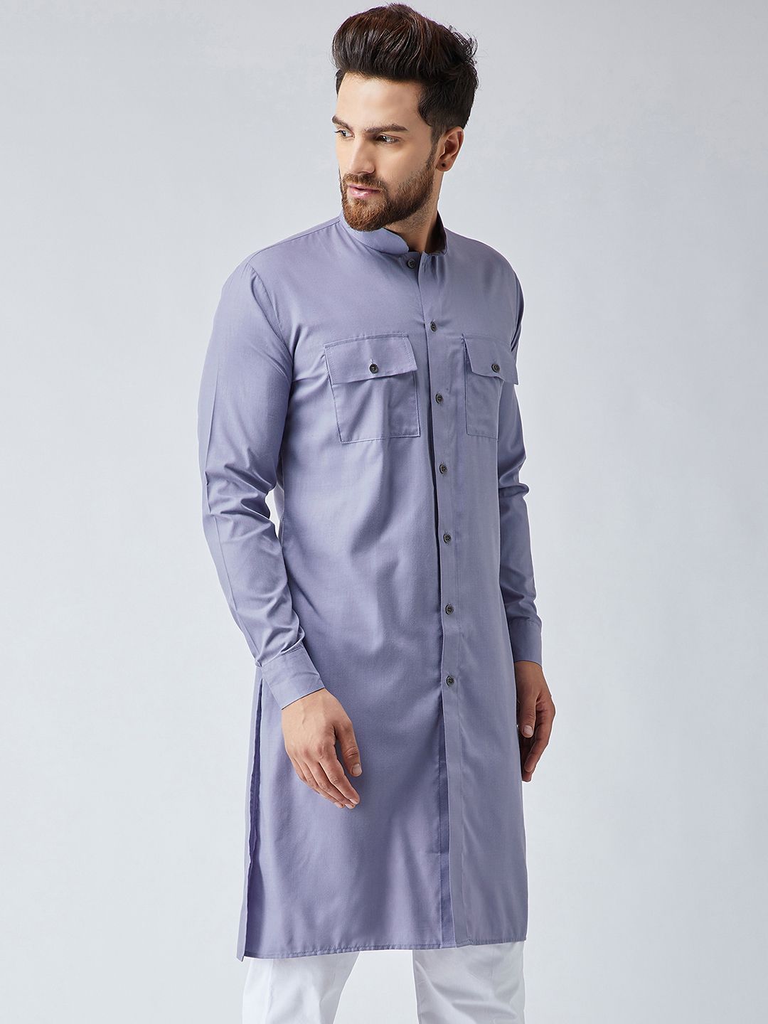 SOJANYA Men Lavender Solid Straight Kurta