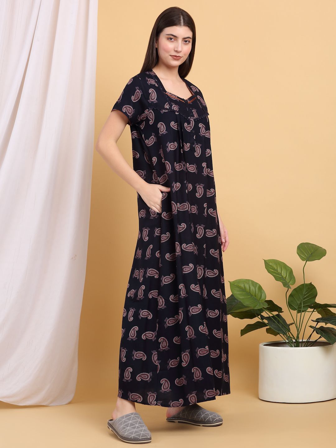Sweet Dreams Ethnic Motifs Print Square Neck Maxi Nightdress
