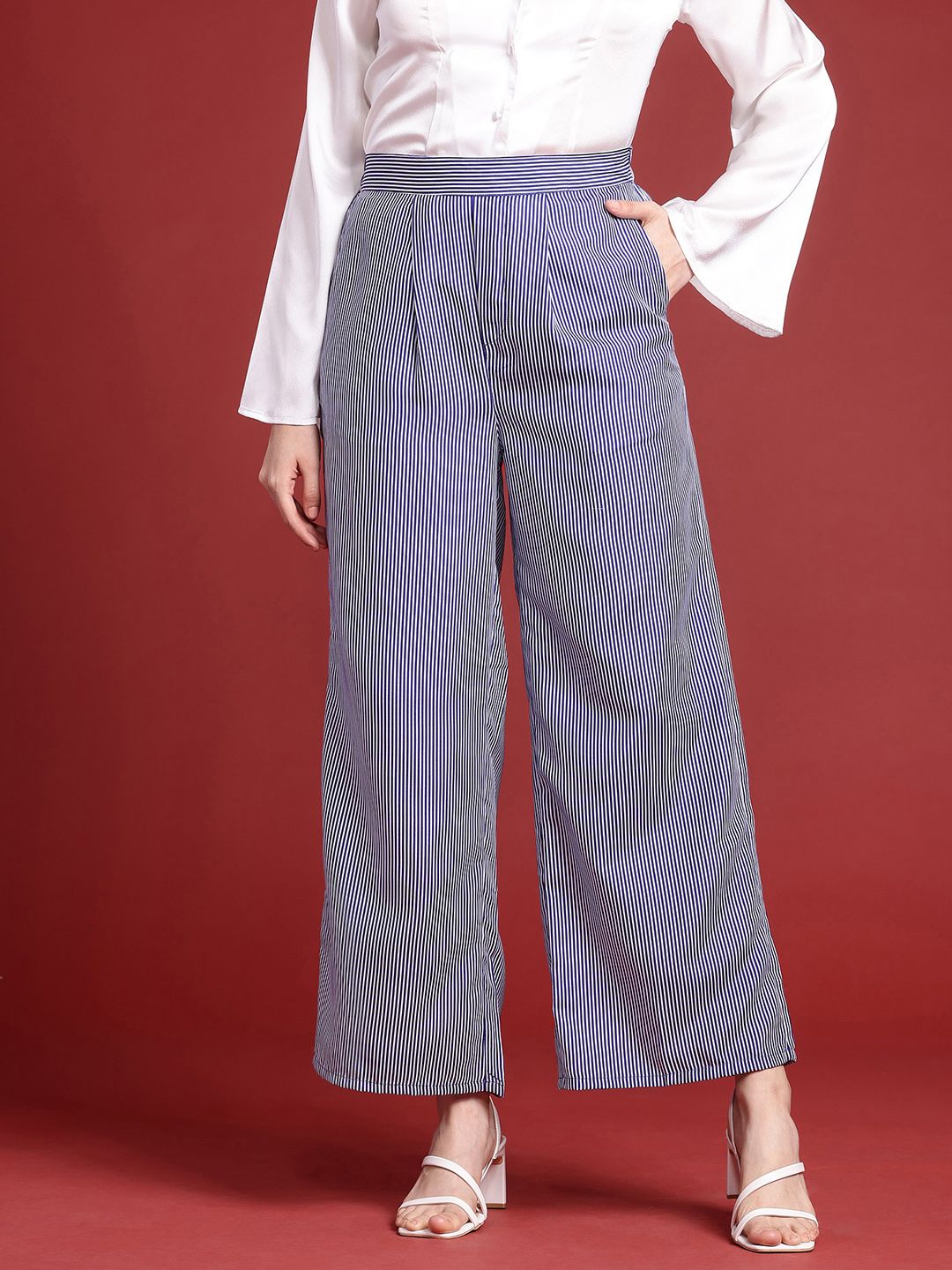all about you Women Striped Pleated Wide Leg Trousers