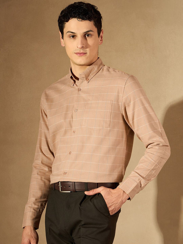 DENNISON Windowpane Checked Button-Down Collar Cotton Smart Formal Shirt