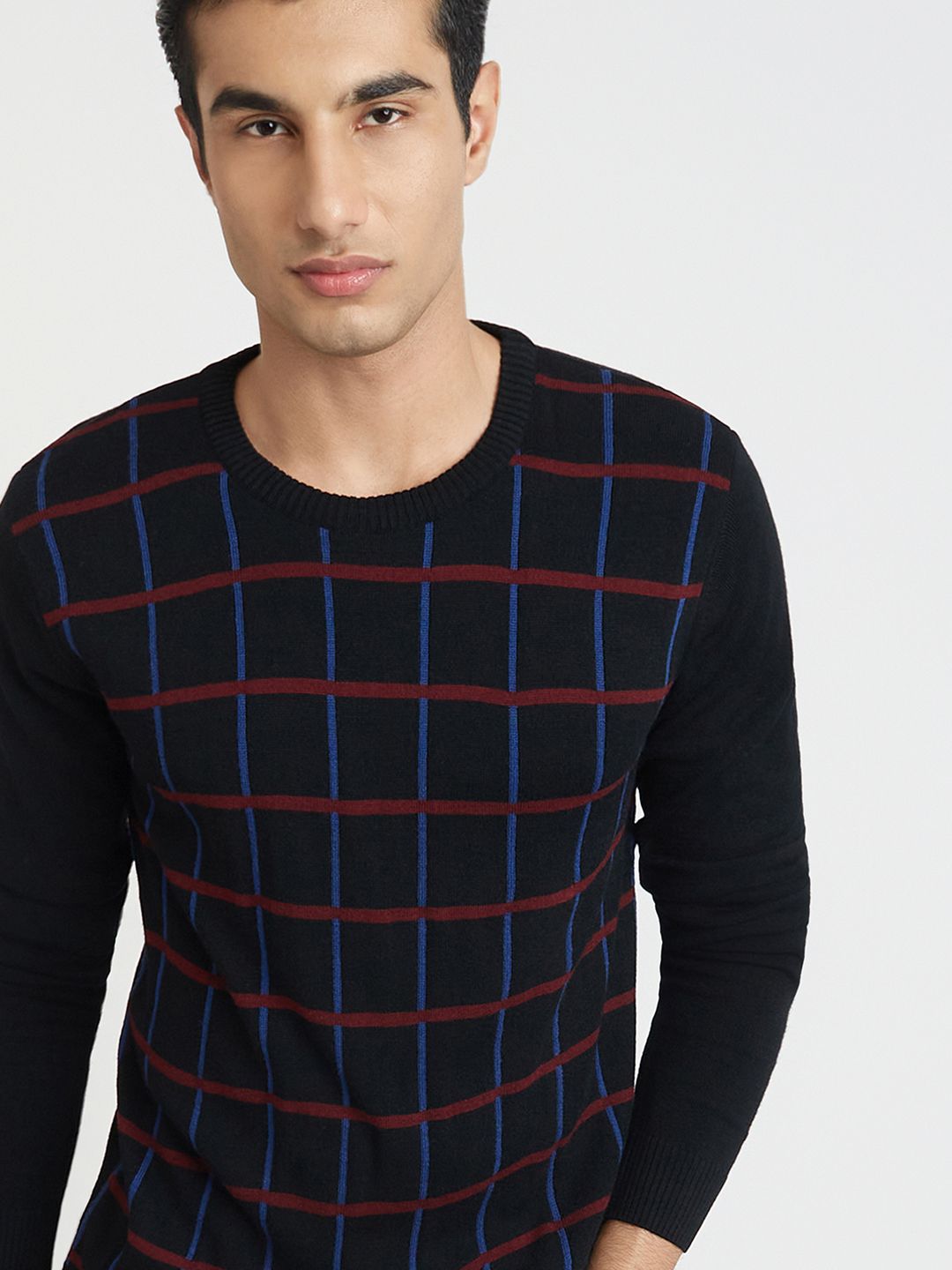 Raymond Men Black & Blue Checked Pullover