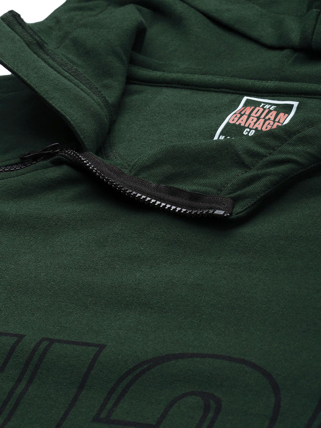 The Indian Garage Co Men Olive Green & Black Typography Print Hooded Sweatshirt