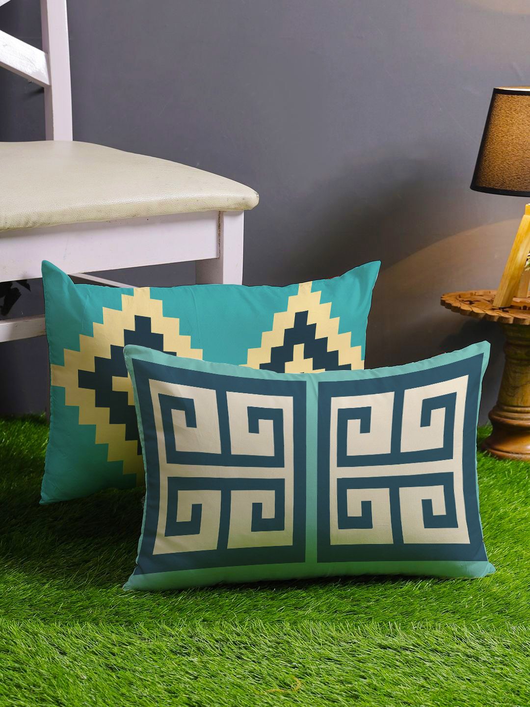 STITCHNEST Blue & Beige Set of 2 Geometric Rectangle Cushion Covers