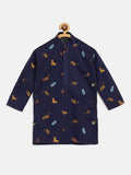 SOJANYA Boys Navy Blue & Brown Print Quirky Cotton Pure Band Collar Kurta