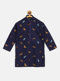 SOJANYA Boys Navy Blue & Brown Print Quirky Cotton Pure Band Collar Kurta