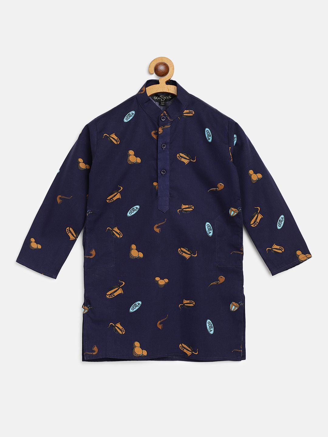 SOJANYA Lelaki Biru Laut & Coklat Cetakan Unik Kapas Tulen Kolar Jalur Kurta