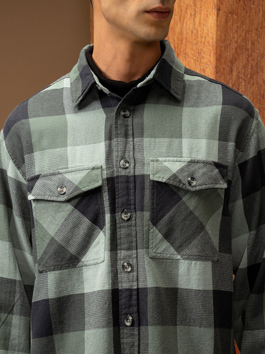 Locomotive Premium Men Green Oversized Dobby Textured Checked Utility Pocket Overshirt