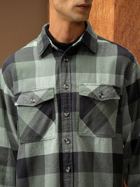 Locomotive Premium Men Green Oversized Dobby Textured Checked Utility Pocket Overshirt