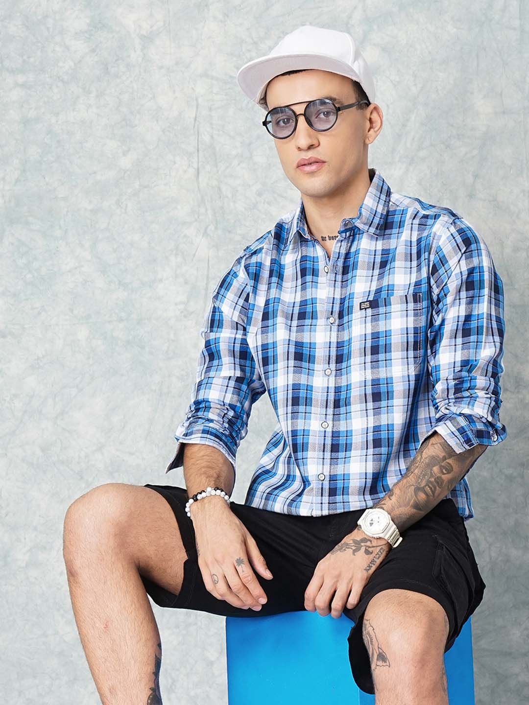 The Indian Garage Co Men Blue & White Slim Fit Checked Casual Shirt