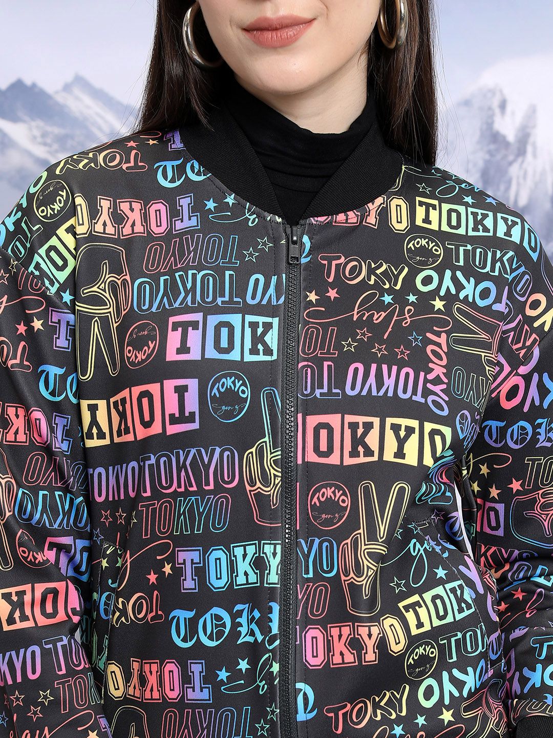 Tokyo Talkies Printed Mandarin Collar Crop Bomber Jacket