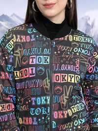 Tokyo Talkies Printed Mandarin Collar Crop Bomber Jacket