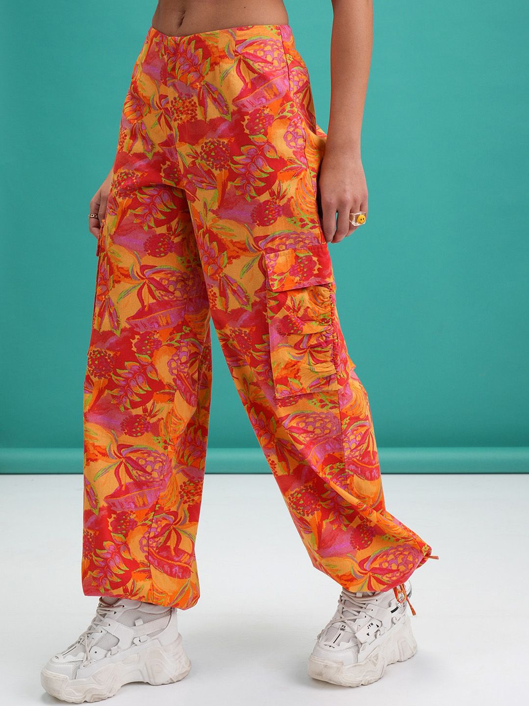 Tokyo Talkies Women Orange Floral Printed Cotton Mid-Rise Joggers Trouser