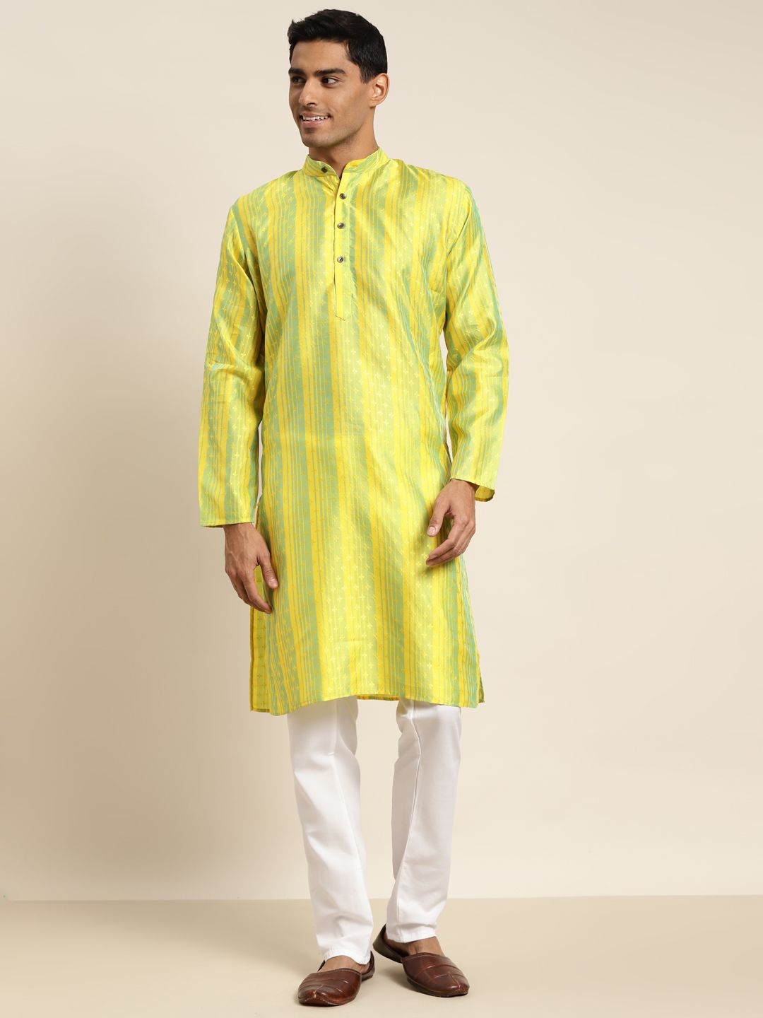 SOJANYA Men Yellow & Green Ethnic Motifs Kurta