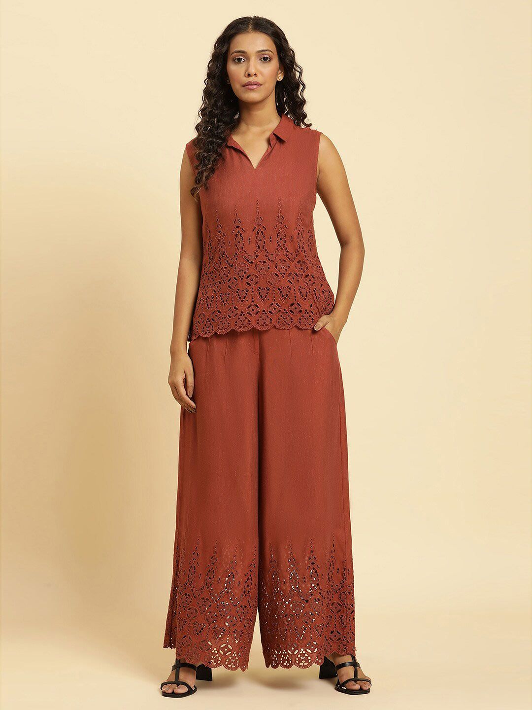W Schiffli Sleeveless Shirt Collar Top & Palazzos