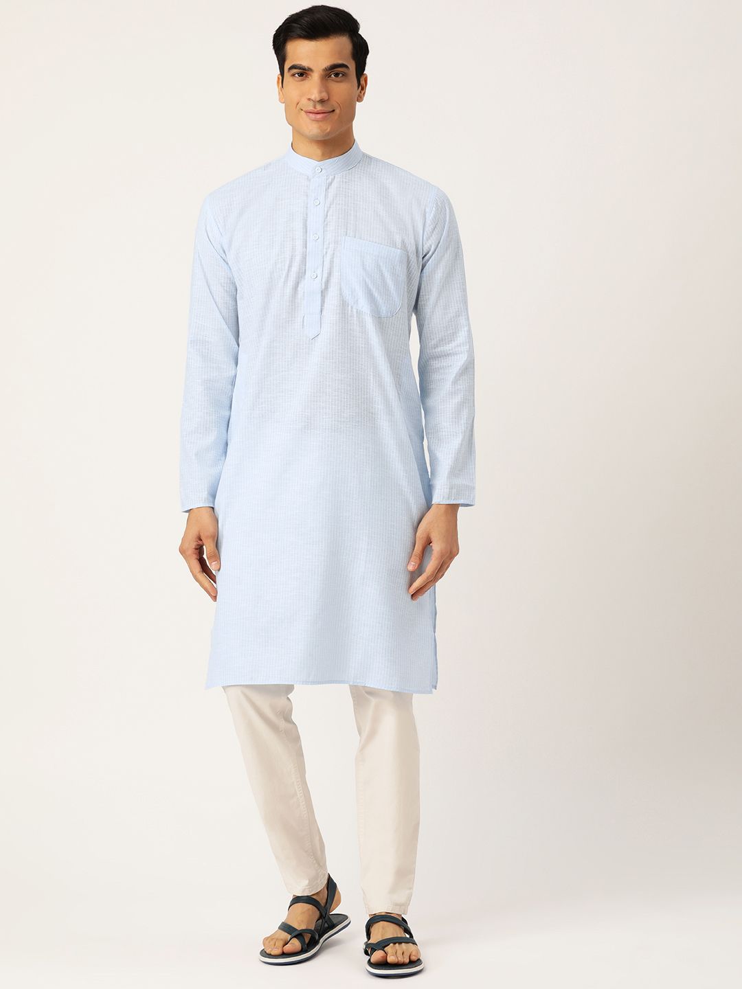 SOJANYA Men Blue & White Striped Straight Kurta