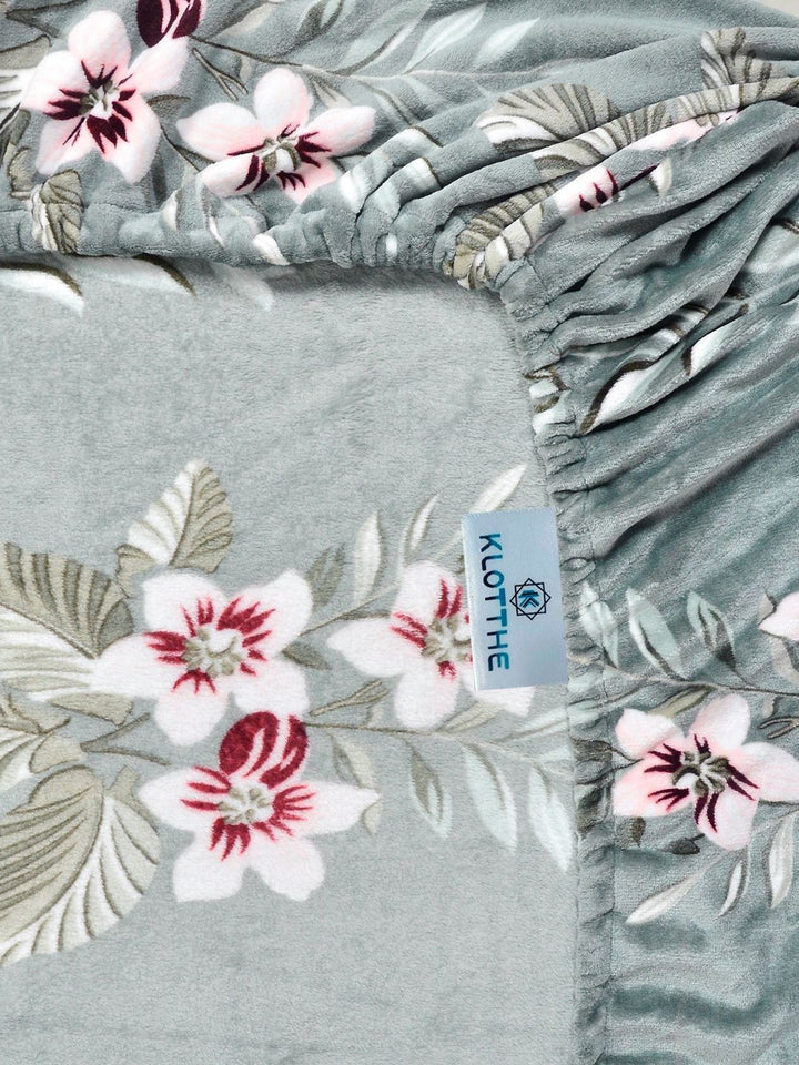 KLOTTHE Green Floral Printed Fitted 300 TC Woolen Single Bedsheet With 1 Pillow Cover