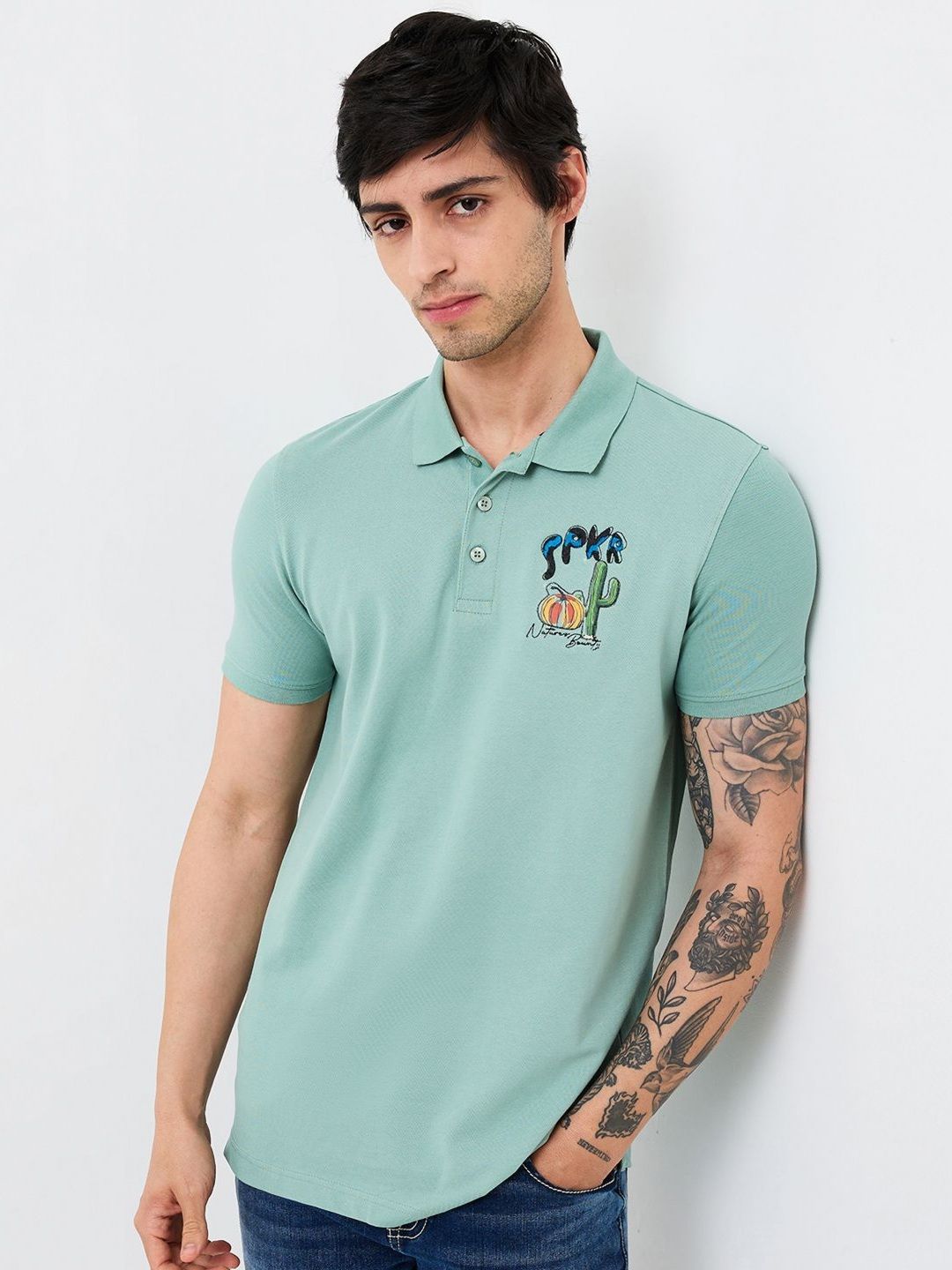 SPYKAR Men Graphic Printed Polo Collar Cotton Slim Fit T-shirt