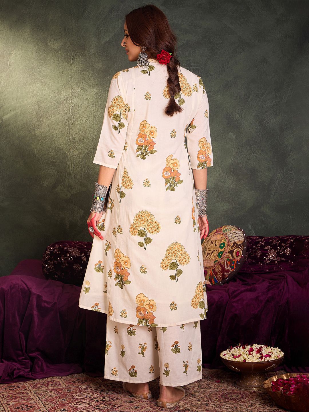 Indo Era Floral Printed Pure Cotton V-Neck A-Line Kurta With Palazzos