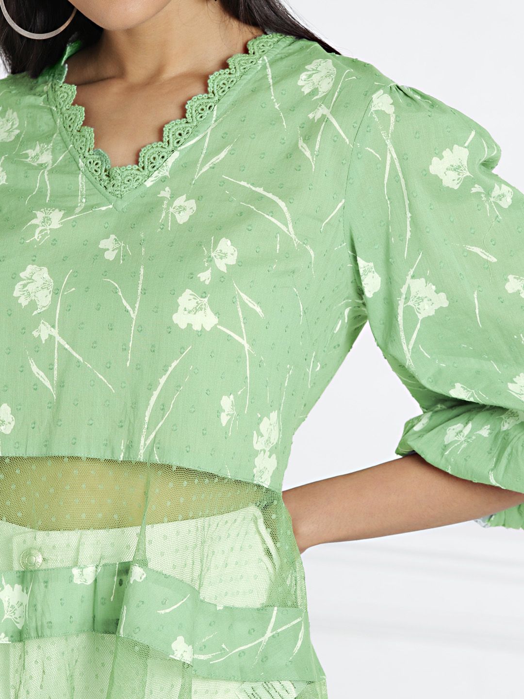 all about you Women Green & White Printed Semi Sheer High-Low Top