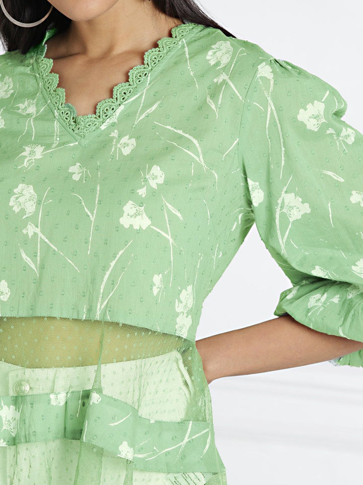 all about you Women Green & White Printed Semi Sheer High-Low Top