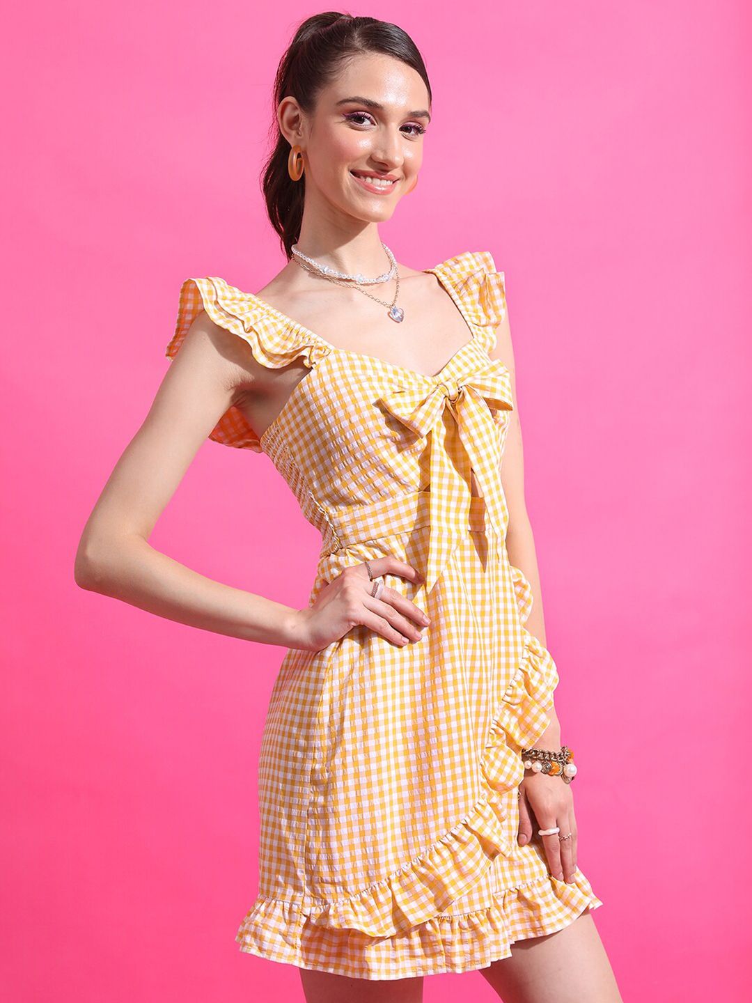 Tokyo Talkies Mustard Checked Cut-Out Smocked Bow  Fit & Flare Dress