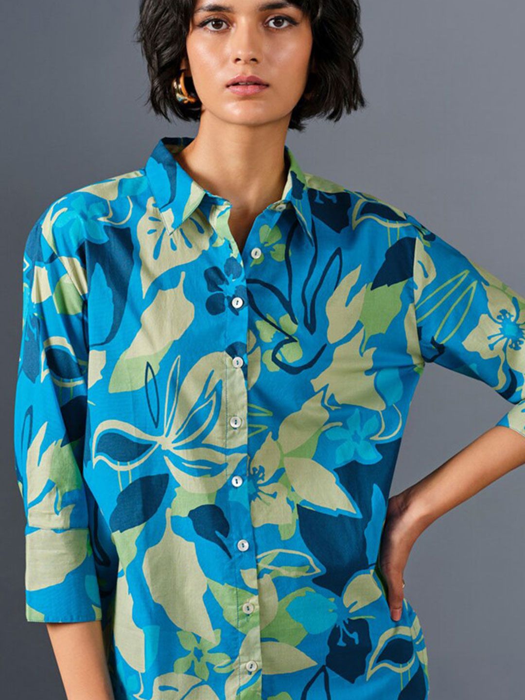 AND Floral Printed Shirt Collar Cuffed Sleeves Pure Cotton Shirt Style Top