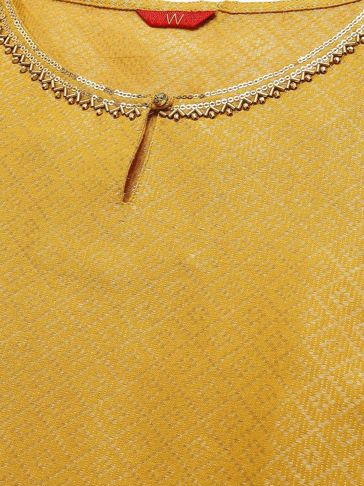 W Women Yellow Keyhole Neck Thread Work Asymmetric Kurta
