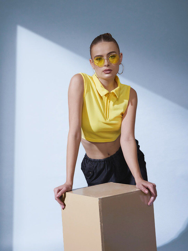STREET 9 Yellow Polo Collar Slim Fit Crop T-shirt