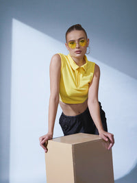 STREET 9 Yellow Polo Collar Slim Fit Crop T-shirt