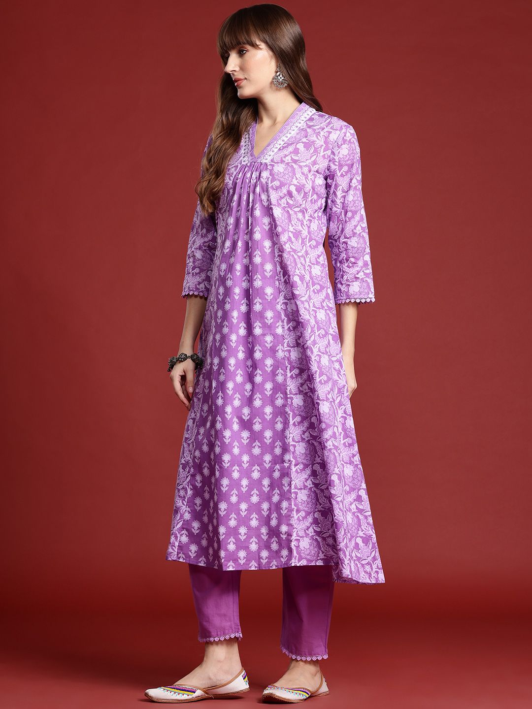 Indo Era Floral Printed Pleated Pure Cotton Kurta With Trousers & Dupatta