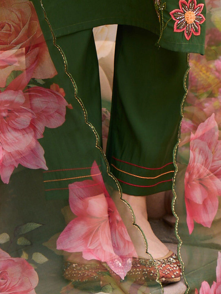 Indo Era Floral Embroidered Thread Work Kurta With Trousers & Dupatta