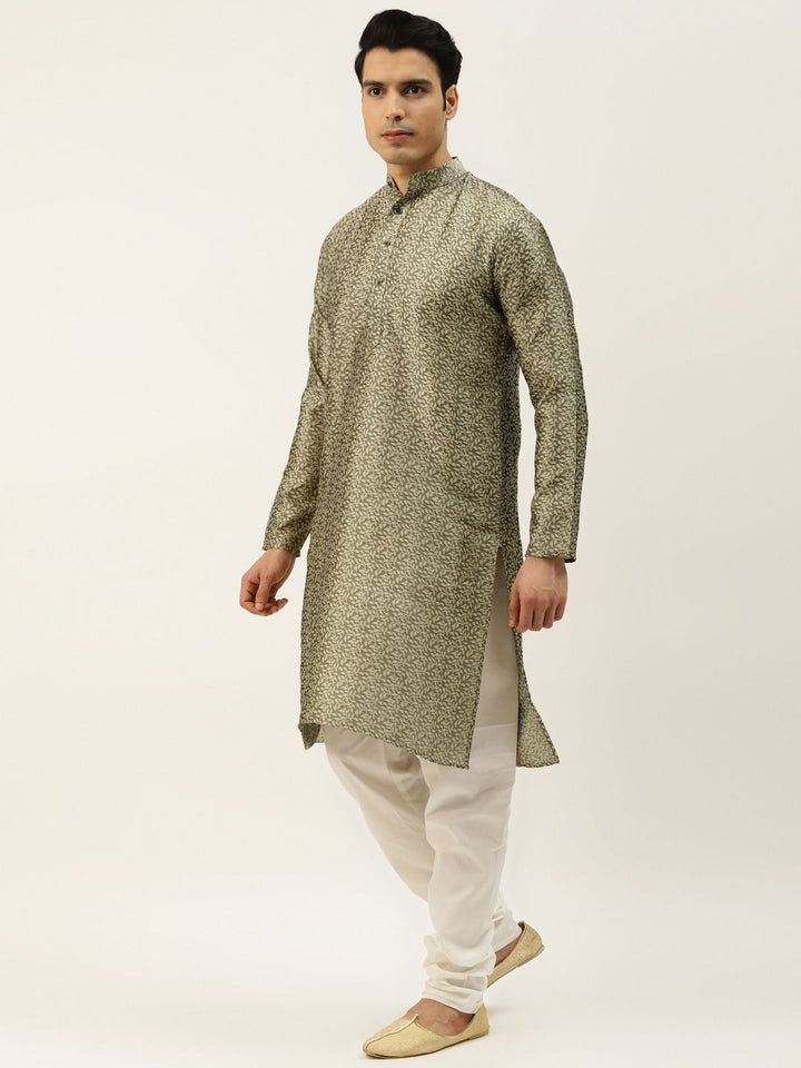 SOJANYA Men Green & Beige Ethnic Motifs Woven Design Kurta with Churidar & Nehru Jacket