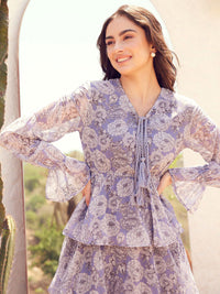STREET 9 Floral Printed Puffed Sleeves Layered Georgette A-Line Maxi Dress