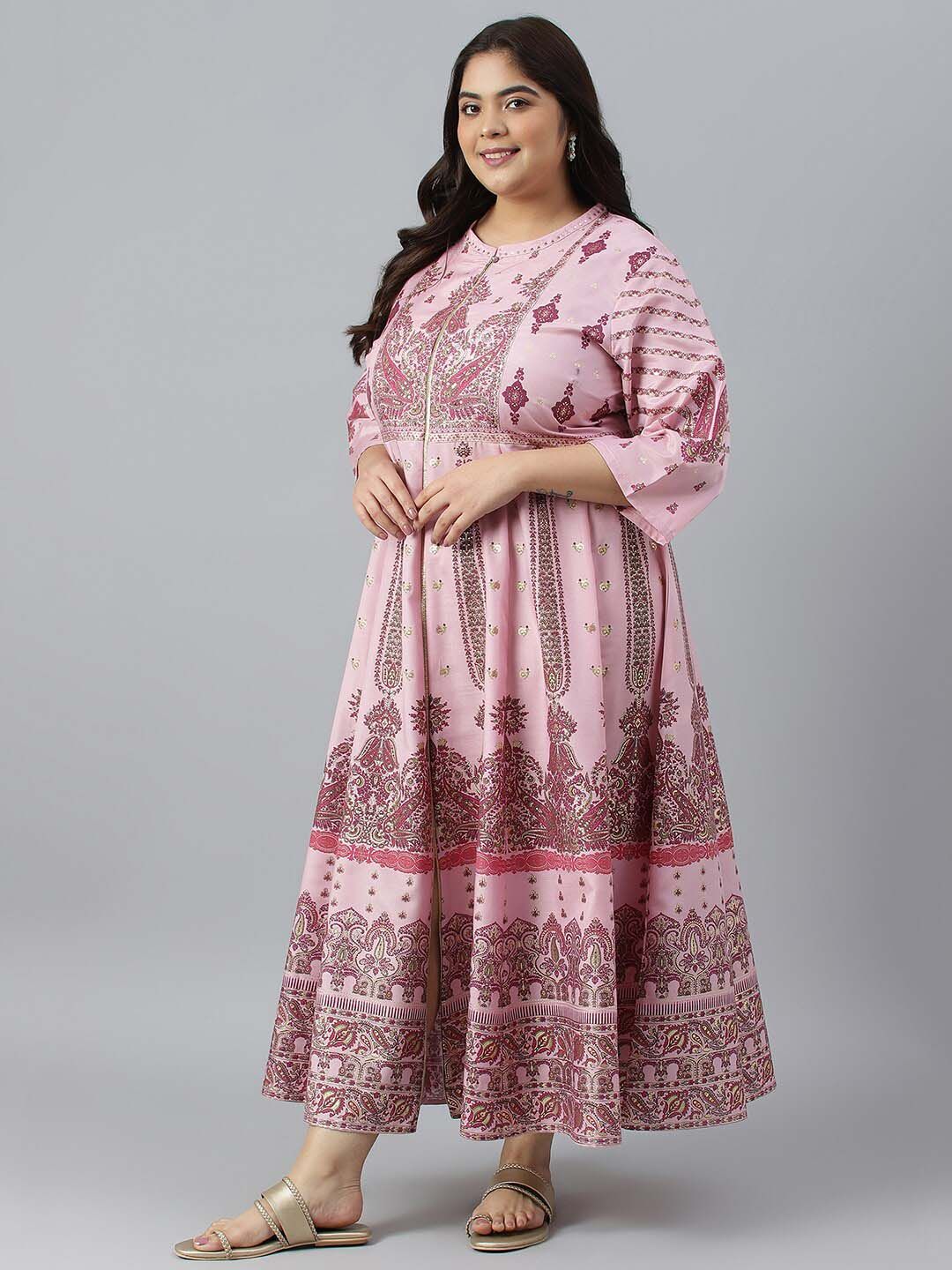 W Plus Size Ethnic Motifs Printed Keyhole Neck Maxi Fit & Flare Ethnic Dress