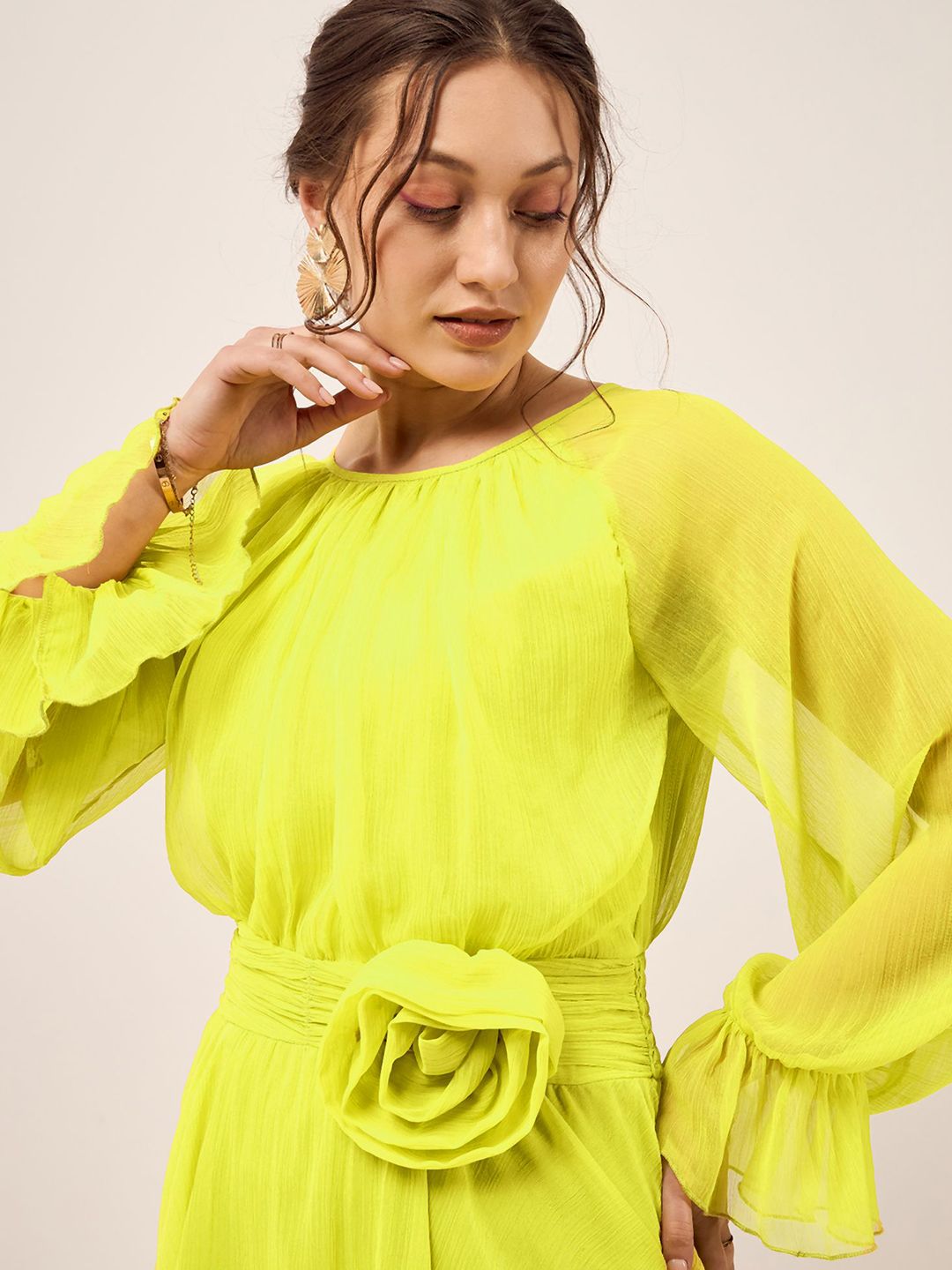 Antheaa Lime Green Cuff Sleeve Chiffon Fit & Flare Dress