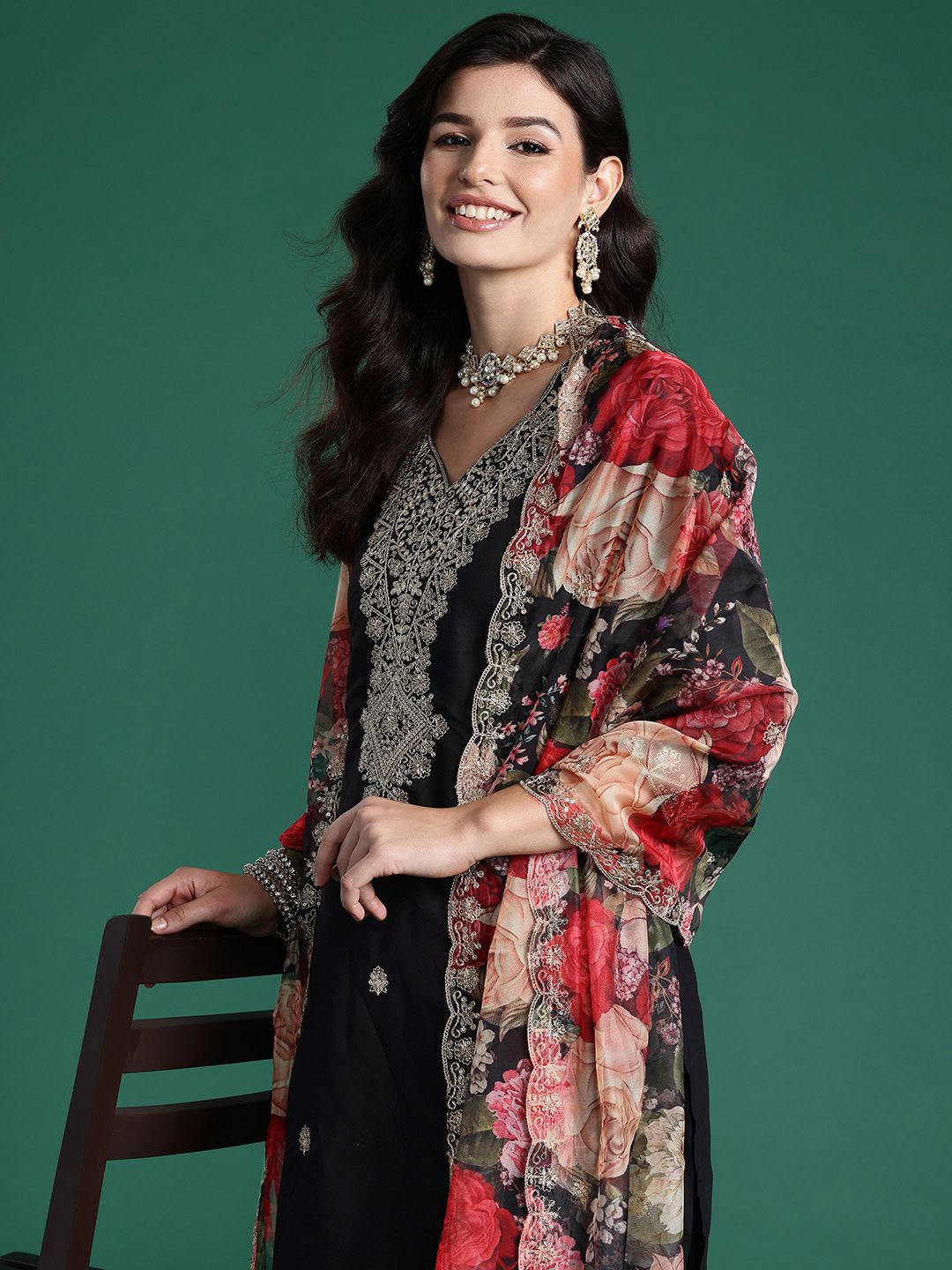 Indo Era Ethnic Motifs Embroidered Sequinned Kurta With Trousers & Dupatta