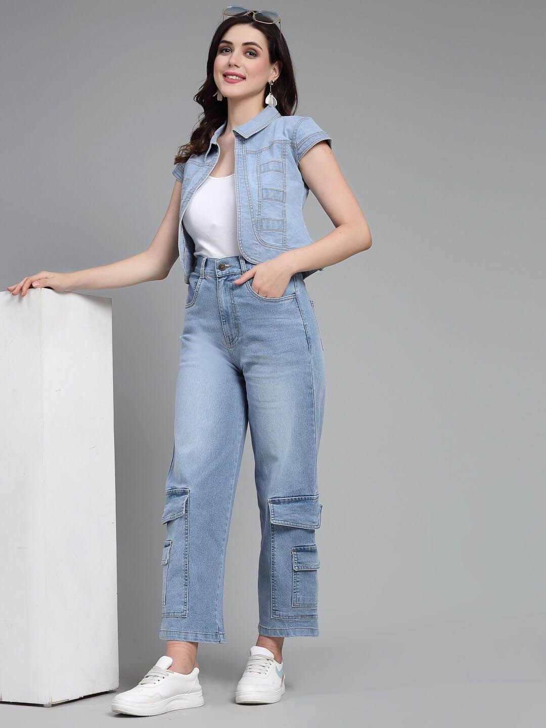 Style Quotient Women Open Front Crop Denim Shrug