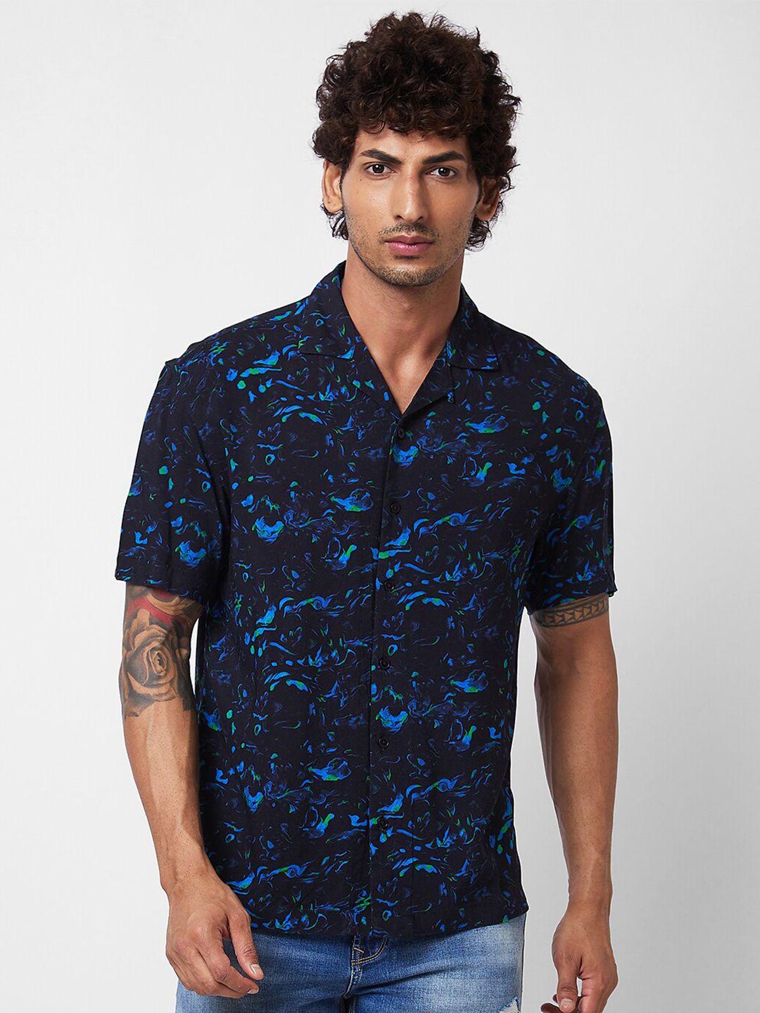 SPYKAR spread collar Short Sleeves Printed Casual Cotton Shirt