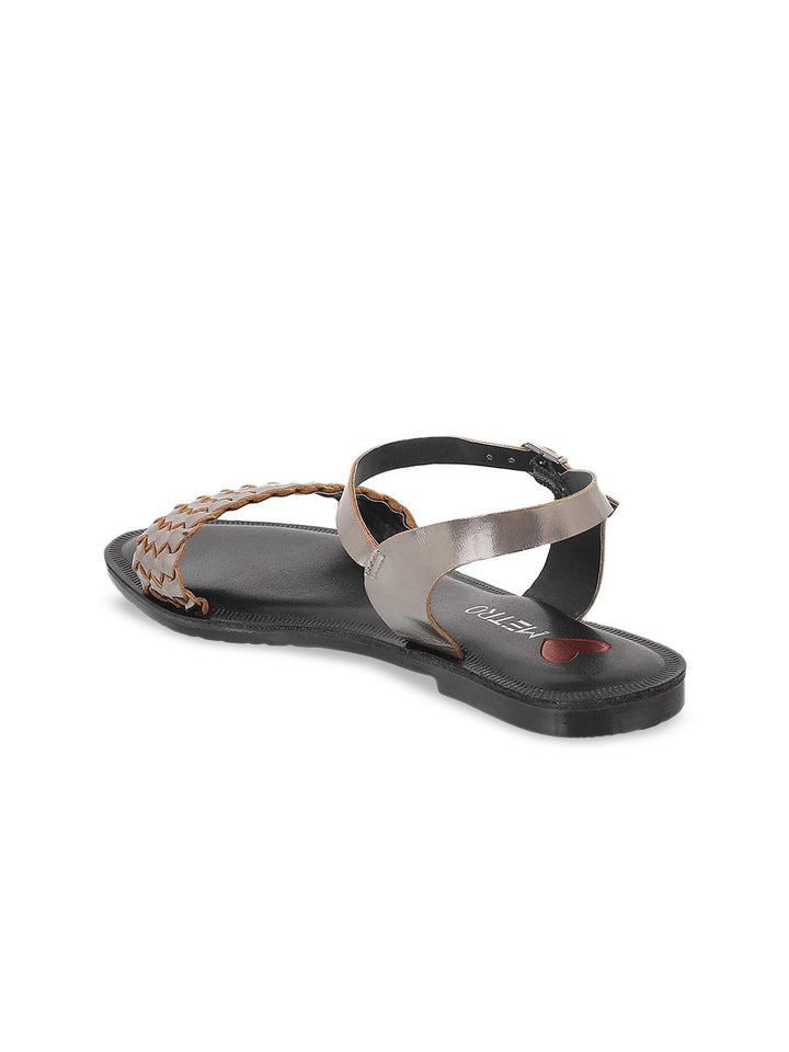 Metro Women Taupe Woven Design Open Toe Flats
