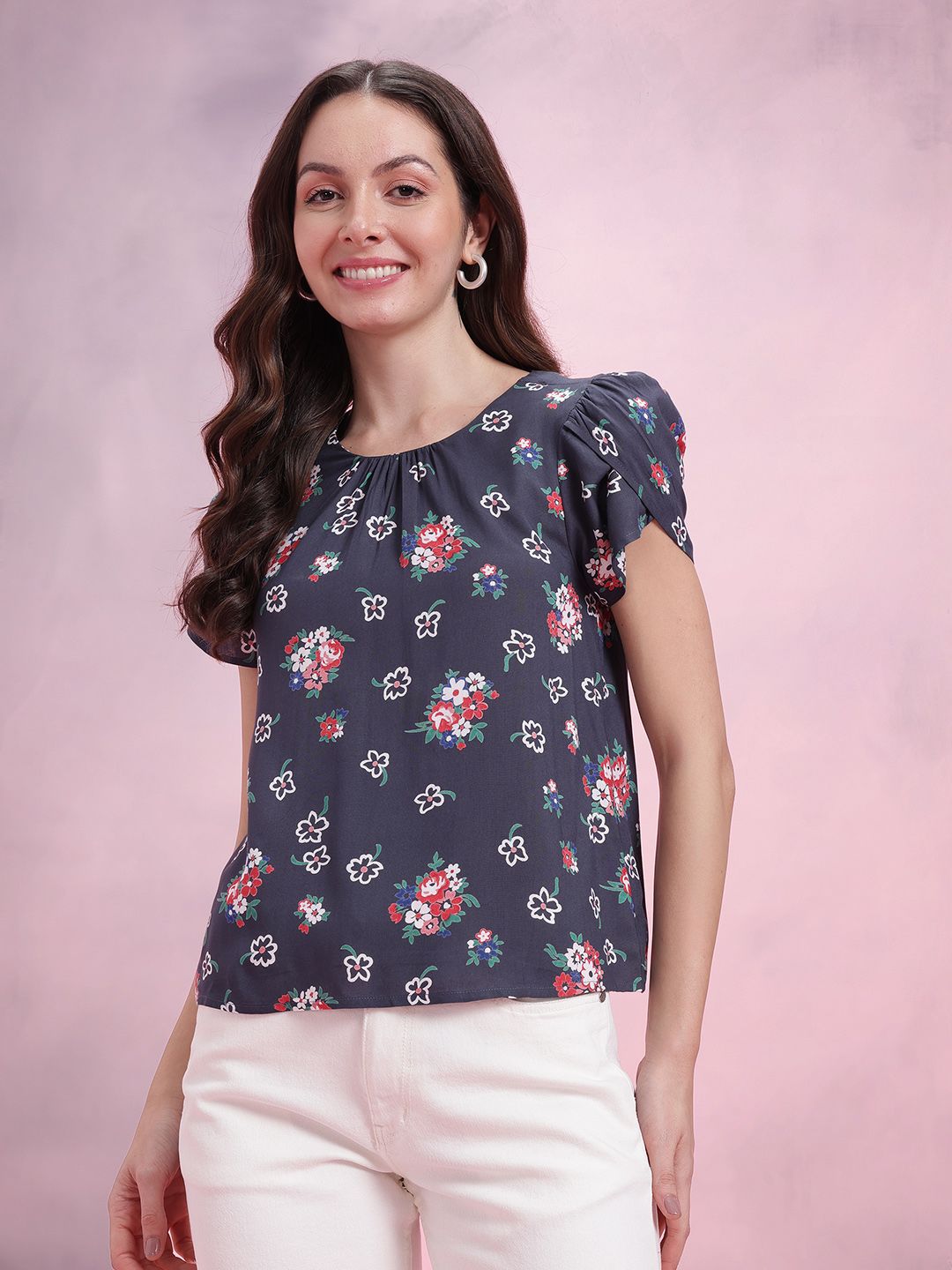 DressBerry Floral Printed Petal Sleeve Top