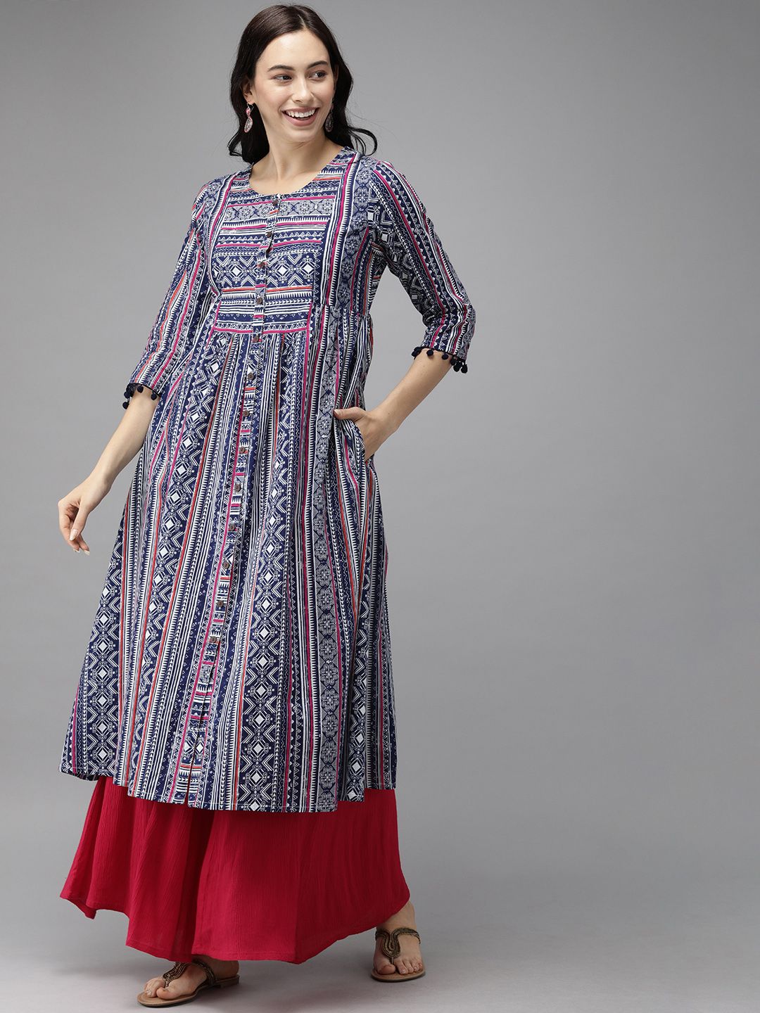 Anouk Women Blue & White Printed Anarkali Kurta