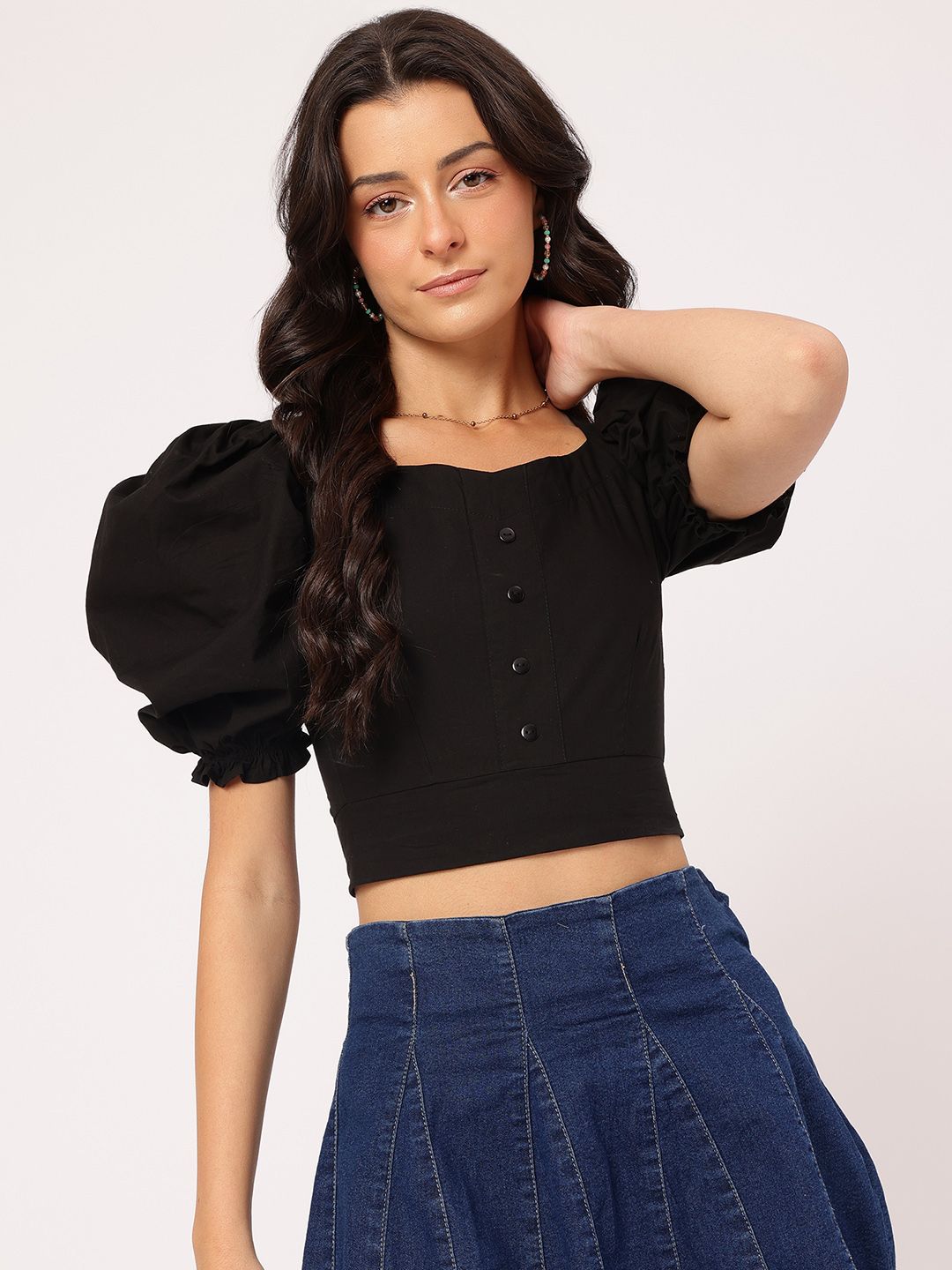 DressBerry Bubbly Basics Sweetheart Neck Puff Sleeves Crop Top