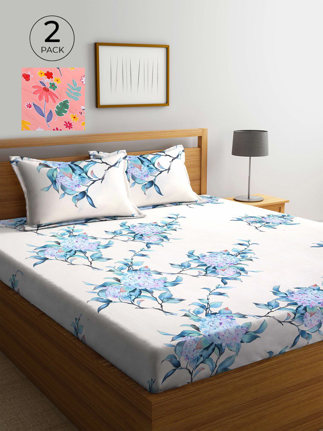 KLOTTHE Warna Krim & Warna Peach Bunga 300 TC 2 Cadar King dengan 4 Sarung Bantal