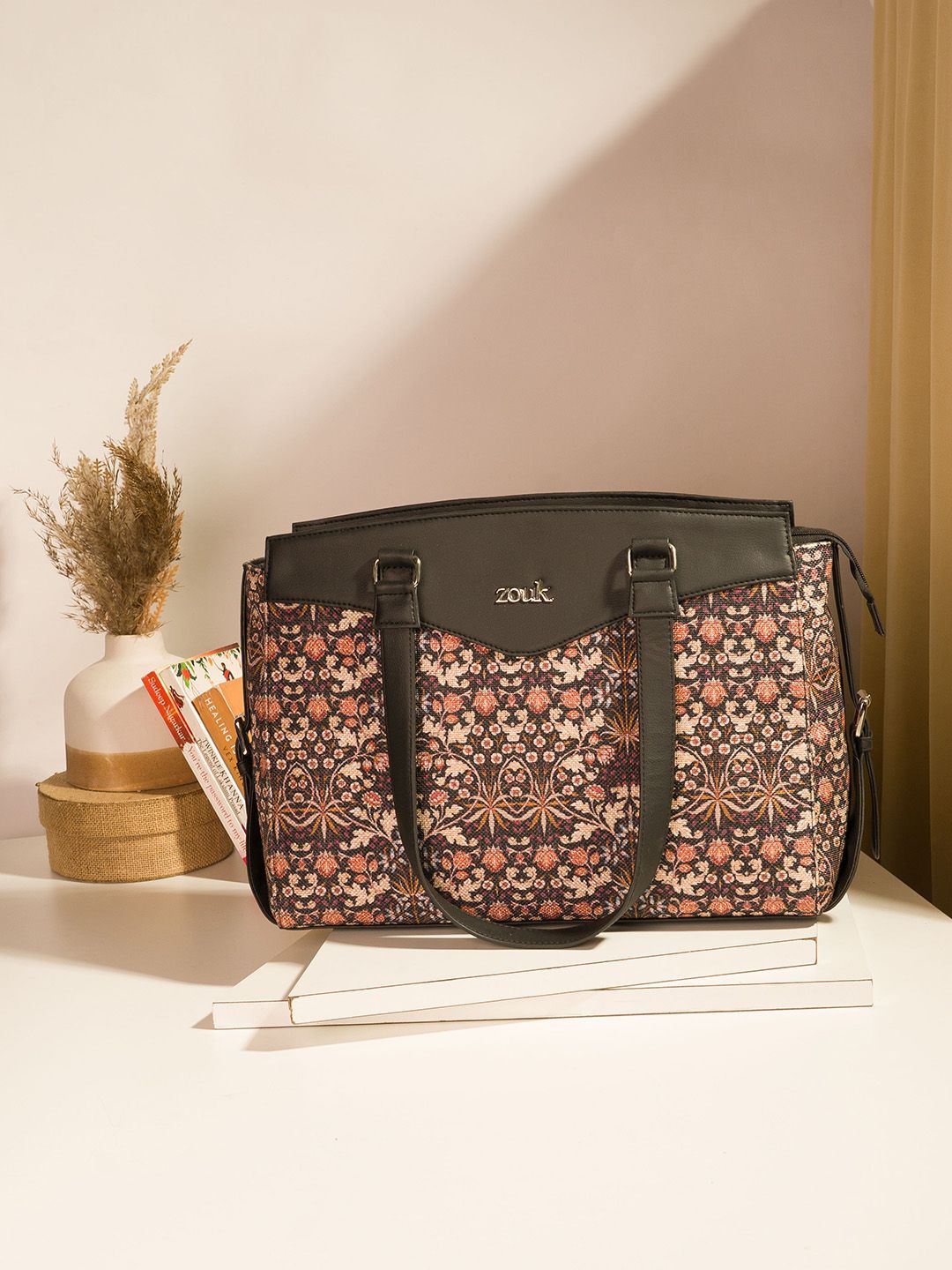 ZOUK Floral Printed Structured Jute Shoulder Bag