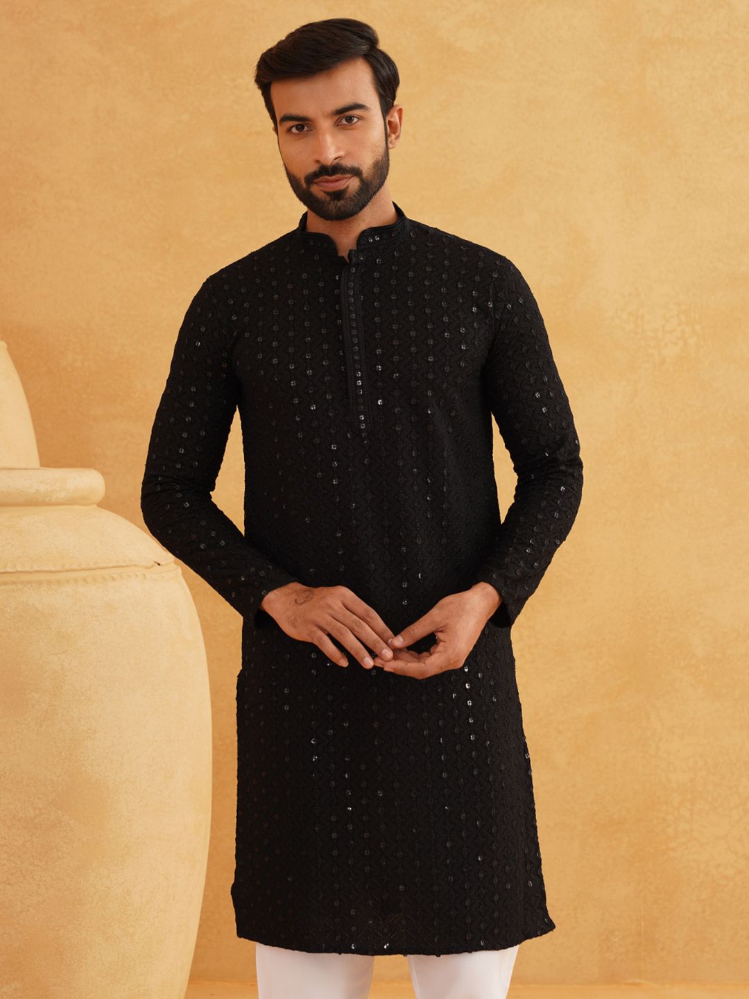 SOJANYA Ethnic Motifs Embroidered Sequined Pure Cotton Kurta with Pyjamas
