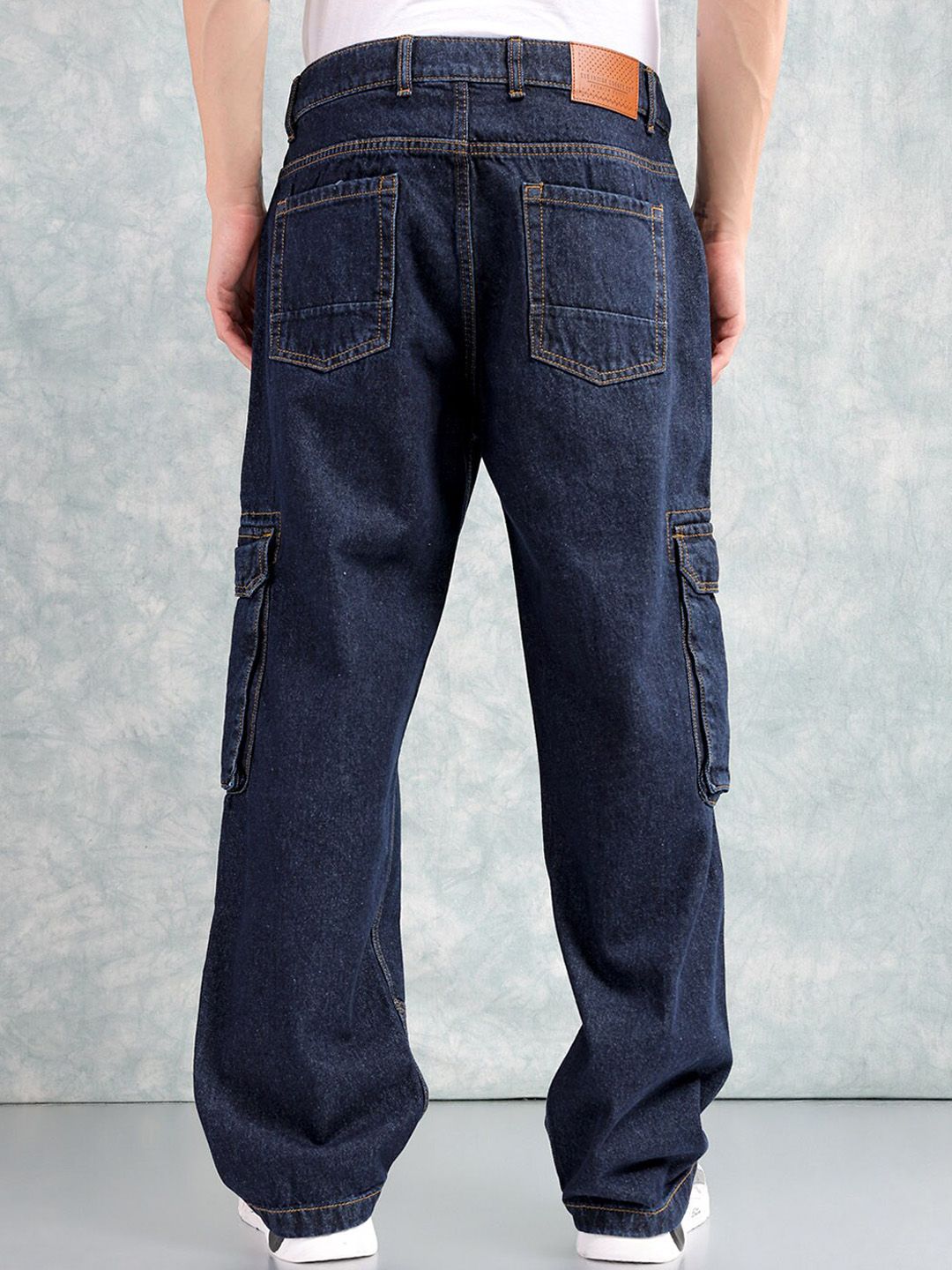 The Indian Garage Co Navy Blue Men Mid-Rise Relaxed Fit Light Fade Cargo Cotton Jeans