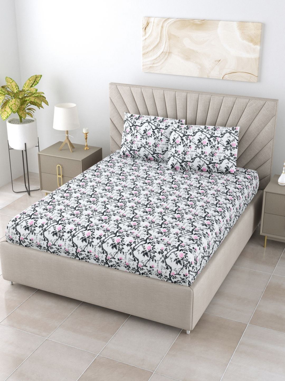 BOMBAY DYEING Florentine Grey Printed Pure Cotton 144 TC Queen Bedsheet Set 2.28 X 2.54 m