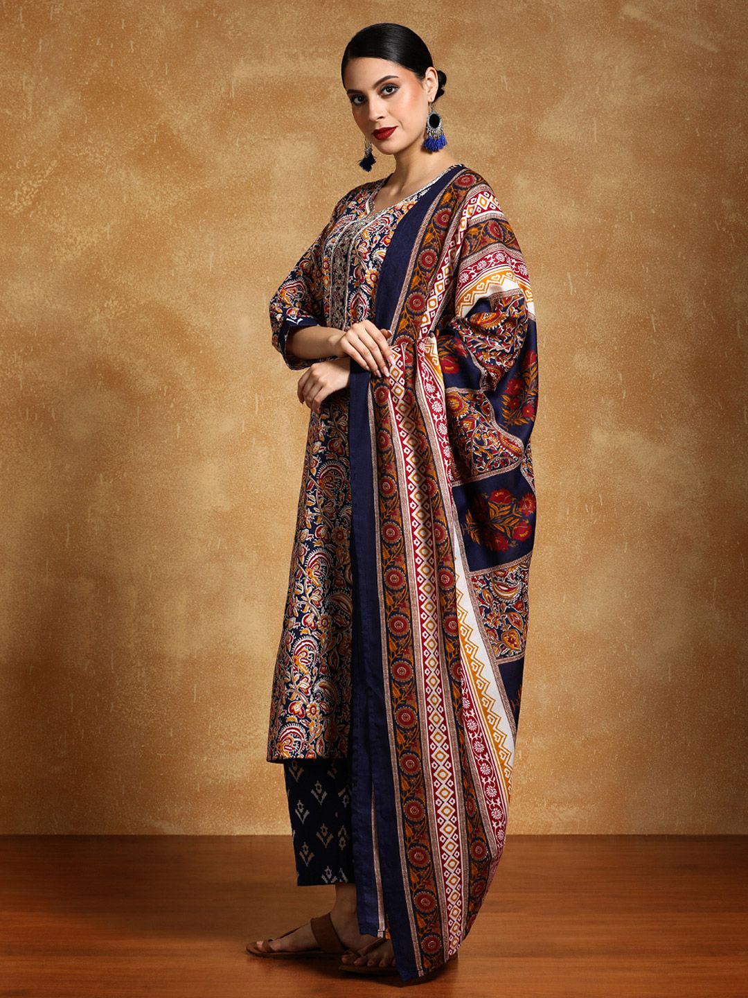 Varanga Floral Printed V-Neck Straight Kurta With Trousers And Dupatta