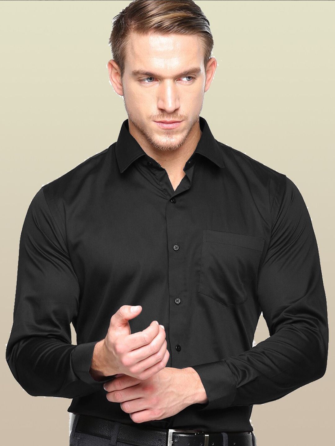 Hancock Men Black Club Slim Fit Cotton Satin Formal Shirt